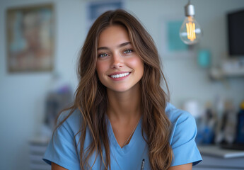 Portrait of a smiling woman in scrubs with long brown hair in a medical office setting looking at camera