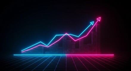 Neon futuristic financial chart glowing upward, 3D lines forming stock graph, cyberpunk-style dark background with geometric grid patterns, bright blue and pink neon lighting, cinematic light reflecti