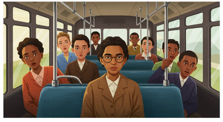 Rosa Parks on a bus a symbol of civil rights movement.