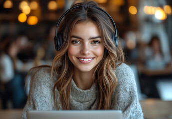 Portrait of a smiling woman with headphones wearing a gray sweater in a cafe setting indoors