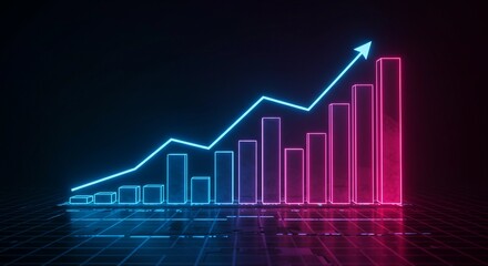 Neon futuristic financial chart glowing upward, 3D lines forming stock graph, cyberpunk-style dark background with geometric grid patterns, bright blue and pink neon lighting, cinematic light reflecti