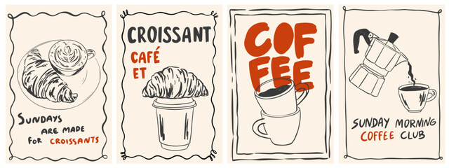 Fototapeta na wymiar Hand drawn chalk breakfast coffee posters. Pencils elements of croissant and coffee in chalk, crayon drawing style. Minimalist line art. Wall art prints for invitations, menus design.Vector illustrati