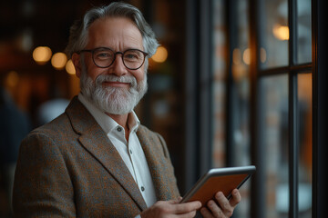 Portrait of a smiling senior man with glasses holding a tablet near a window with natural light