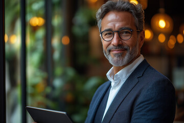 Man in suit and glasses holding a tablet in front of window with blurred lights and greenery view
