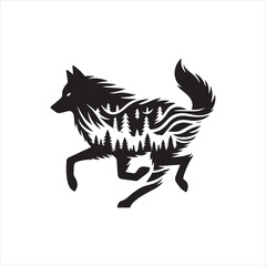 Silhouette of a Running Wolf with Forest Landscape Inlaid Design.