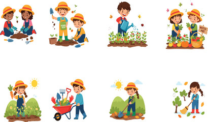 Cartoon children gardening illustration with kids planting, watering, harvesting, using garden tools, enjoying nature, teamwork, and outdoor farming activities.