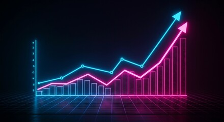 Neon futuristic financial chart glowing upward, 3D lines forming stock graph, cyberpunk-style dark background with geometric grid patterns, bright blue and pink neon lighting, cinematic light reflecti