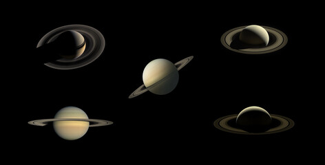 Saturn - the planet of the solar system in different angles isolated on a black background. View from space, saturn collections. Elements of this image furnished by NASA.