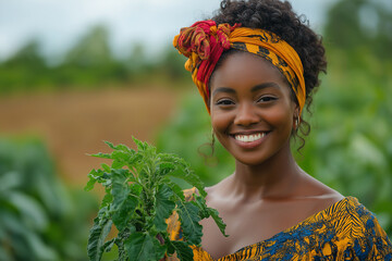 Woman smiling holding plant in field wearing headscarf and patterned dress with green foliage behind her