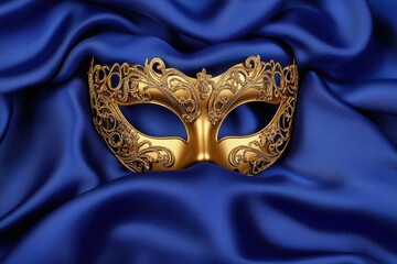 A beautiful gold masquerade mask resting on luxurious blue satin fabric.