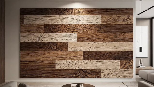 Modern Living Room Interior with Textured Parquet Wood Wall Panel

