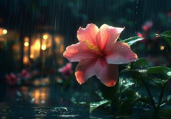 A pink hibiscus flower blooming in the rain with blurred lights in the background at nighttime