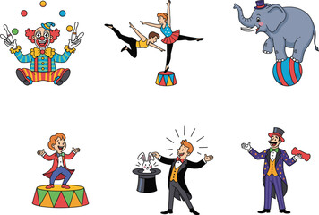 Cartoon circus performers vector illustration featuring clown, acrobats, elephant, magician, and ringmaster on white background with colorful costumes.