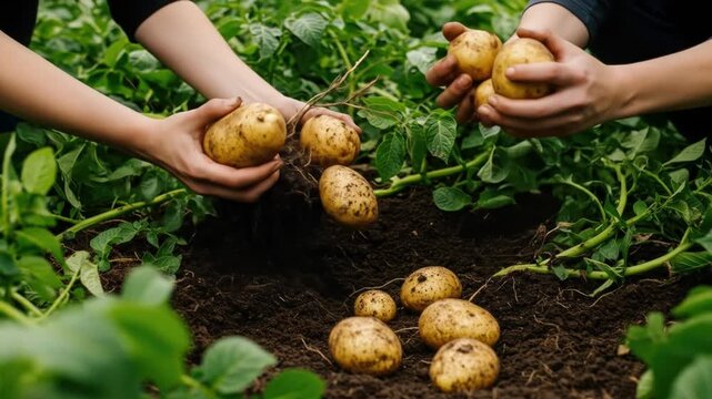Hands harvesting potatoes in garden bed agriculture and farming concept