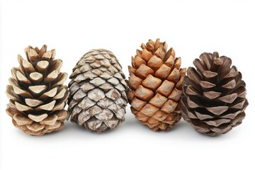 A variety of pine cones in different colors and sizes arranged against a white background.