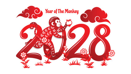 Chinese New Year 2028 number design, monkey walking among the numbers.