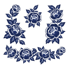 Blue White Peony Floral Vector Set with Chinese Style Decorative Elements