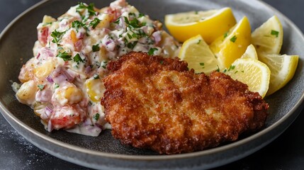 Closeup of a delectable schnitzel dish featuring crispy fried cutlet, creamy potato salad, and zesty lemon wedges, perfect for a satisfying and flavorful meal