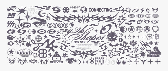  Retro Y2K futuristic 500 elements for design. Big collection of abstract graphic geometric symbols and objects. Templates for notes, posters, banners, stickers, business cards, logo