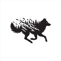 Silhouette of a Running Wolf with Pine Trees and Abstract Shapes Inside.