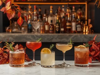 Autumnal Cocktails Arranged Artfully on a Bar Counter with Seasonal Decor