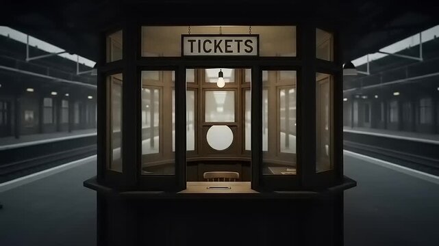 Vintage Train Station Ticket Booth at Night.