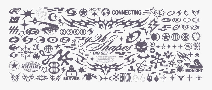  Retro Y2K futuristic 500 elements for design. Big collection of abstract graphic geometric symbols and objects. Templates for notes, posters, banners, stickers, business cards, logo