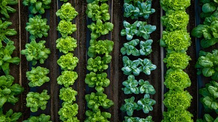 Lush rows of vibrant green leafy vegetables, including lettuce and other seasonal greens, thrive in a cultivated garden setting, showcasing a beautiful aerial perspective, highlighting textures and...
