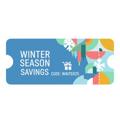 Naklejka premium A blue coupon for winter season savings with a discount code and abstract snowflake graphics.