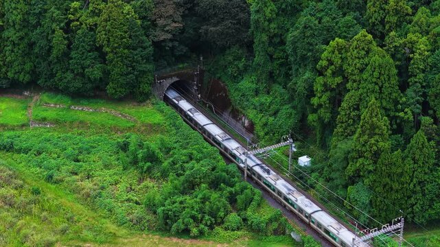 Train Enters Tunnel in Countryside Mountain, High Angle View 4k