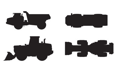 CAD Drawings. Set of silhouette heavy equipment vehicles. Top and Side view. Vector illustration. © MkJutt