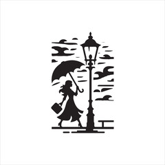 Silhouette of a woman walking with umbrella and briefcase near a lamppost.