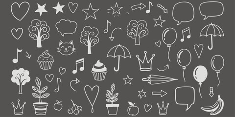 Hand drawn doodle vector set on dark background, white chalk line style, cute and simple sketch elements including hearts, stars, trees, cupcakes, cats, musical notes, arrows, umbrellas