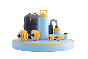 Stylized Fitness Equipment Display With Dumbbells And Water Bottle