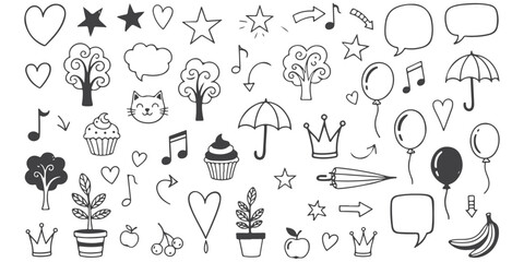 Hand drawn doodle vector set, white chalk line style, cute and simple sketch elements including hearts, stars, trees, cupcakes, cats, musical notes, arrows, umbrellas