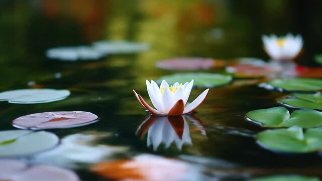 Water lilies floating on calm pond surface reflecting sunlight