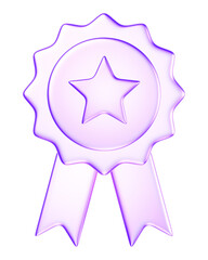 3D glassmorphism ribbon badge icon with star. Glossy purple minimal style representing reward, achievement, and excellence