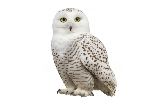 Snowy owl, a white arctic bird of prey, stands looking forward