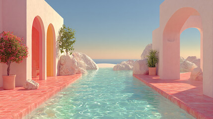 a long, rectangular pool flanked by pink arches and red tiled walkways. The pool is surrounded by large rocks and potted plants, and the background features a beautiful landscape with a clear blue sky