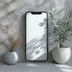 A smartphone with a blank screen stands between two small potted plants with sunlight shadows on the wall