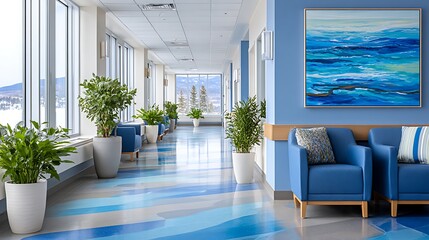Modern Healthcare Facility Interior with Blue Color Palette and Artwork