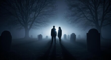 Eerie Night Mist in Spooky Forest Cemetery
