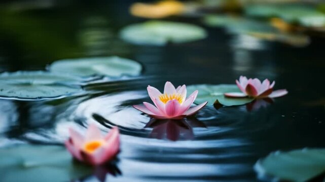 Water lilies floating on calm water surface sunlight reflections