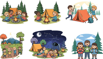 Cartoon kids camping, hiking, setting tents, and stargazing in forest scenes with night sky, white background, vector illustration cartoon.