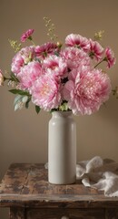 Fototapeta premium Elegant bouquet of pink peonies and wildflowers in a white ceramic vase on rustic wooden table