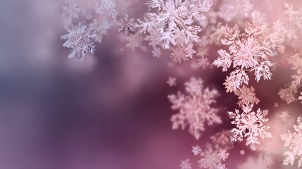 Floating delicate snowflakes are rendered with a soft focus and gentle glow, creating a dreamy and ethereal aesthetic, with a palette of lavender, violet, and pink hues, evoking a sense of...