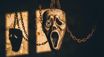 Dramatic Screaming Mask on Rusty Chain in Dark Shadows