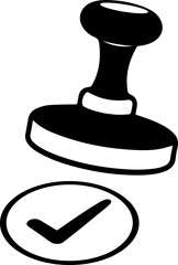 A black and white/transparent icon of a rubber stamp with a check mark below it for approval and verification
