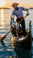 Obraz premium Futuristic robot gondolier rowing a gondola on calm water at sunset, blending tradition and technology
