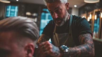 Professional barber styling hair in modern salon.